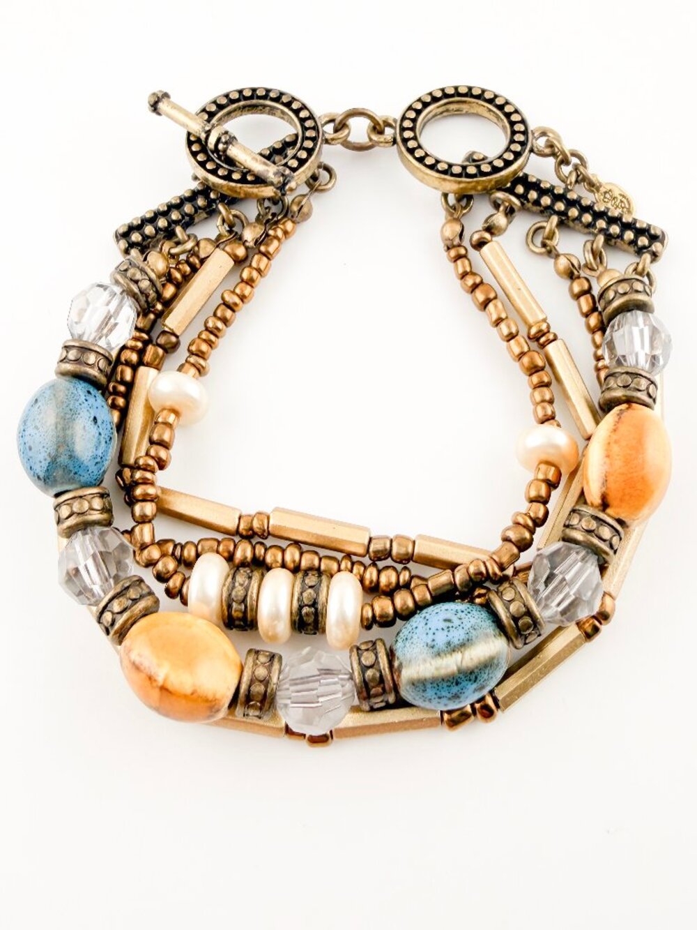 Boho Multi Strand Beaded Toggle Bracelet Brass Blue Amber Pearls 7.5"
